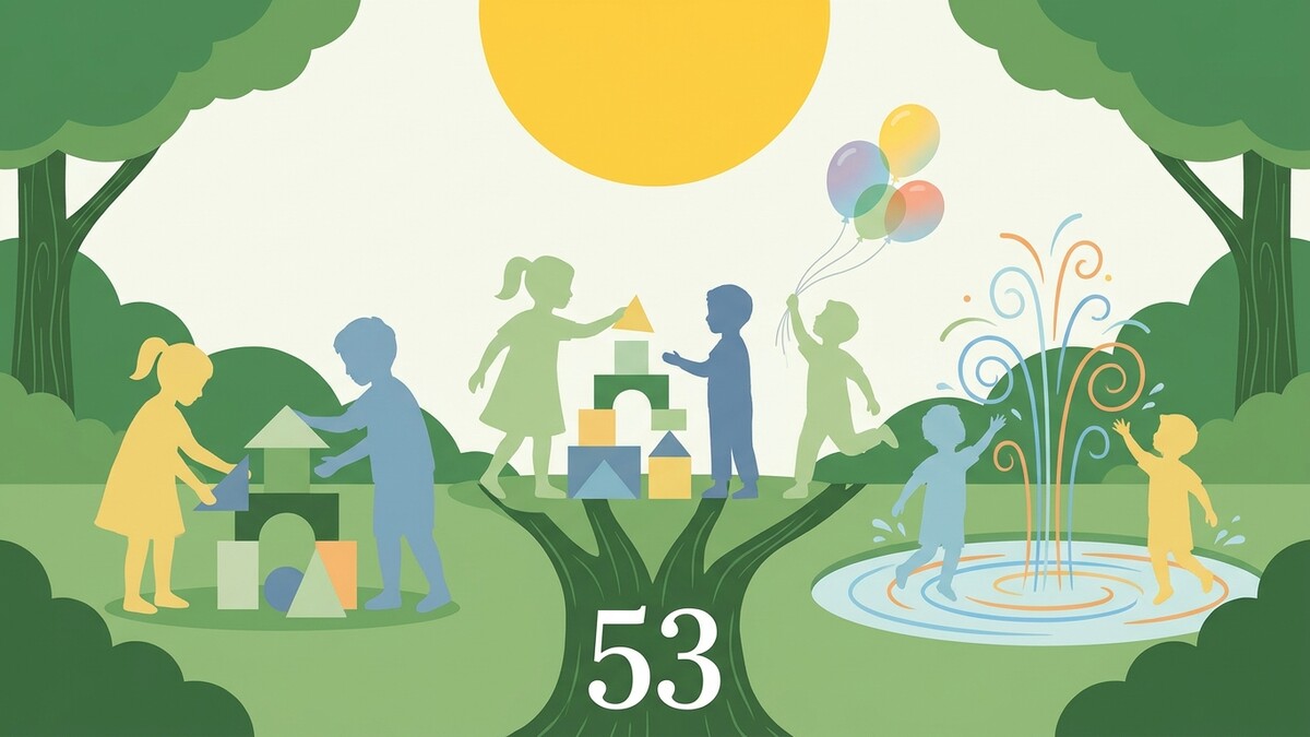 Kinder bauen im Park mit Bauklötzen und spielen im Brunnen
