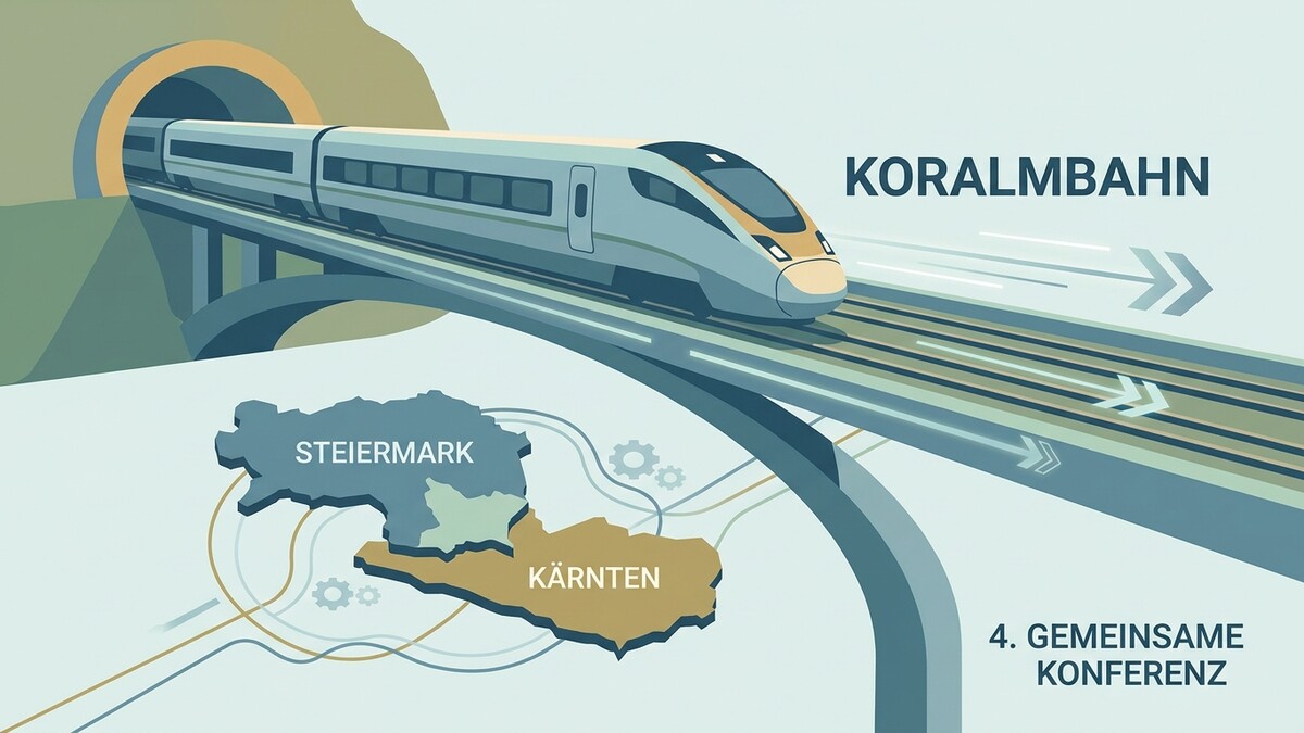 Koralmbahn-Zug fährt in einen Tunnel, Steiermark und Kärnten auf Karte