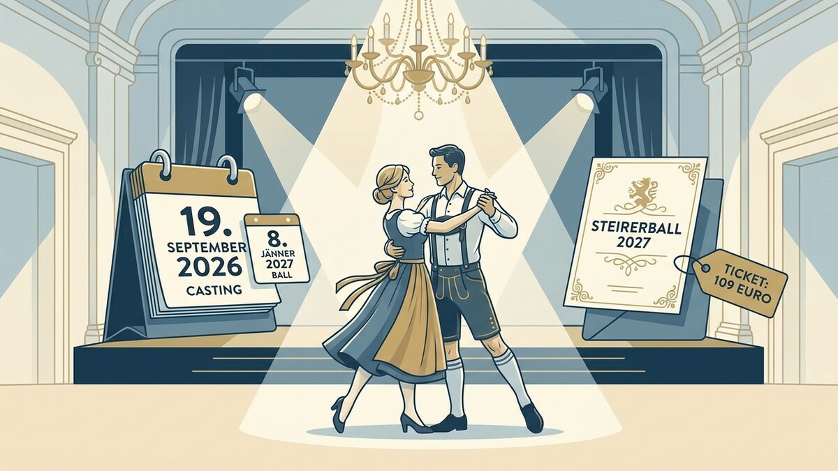 Steirerball 2027: Tanzpaar im Dirndl und Lederhose vor Kalender und Ticket