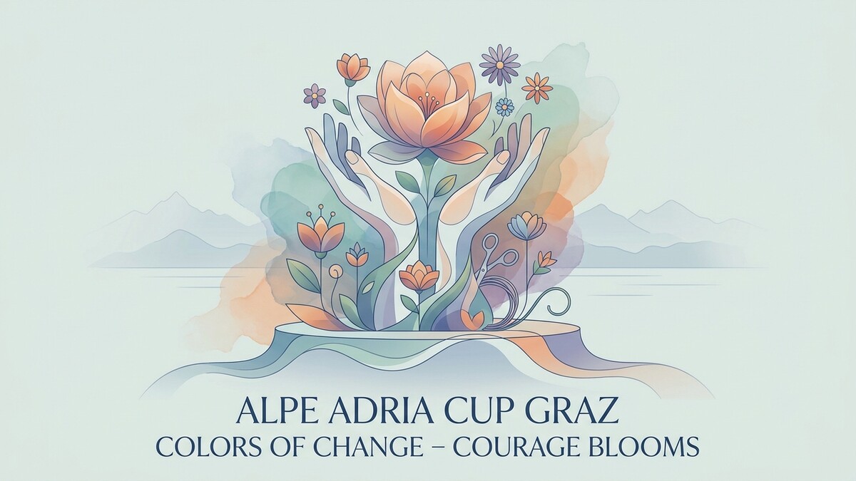 Alpe Adria Cup Graz: Hände halten blühende Natur vor Bergkulisse.