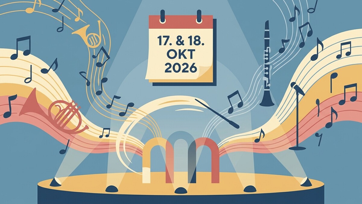 Konzert 17. & 18. Okt 2026 mit Noten, Instrumenten und Dirigentenstab