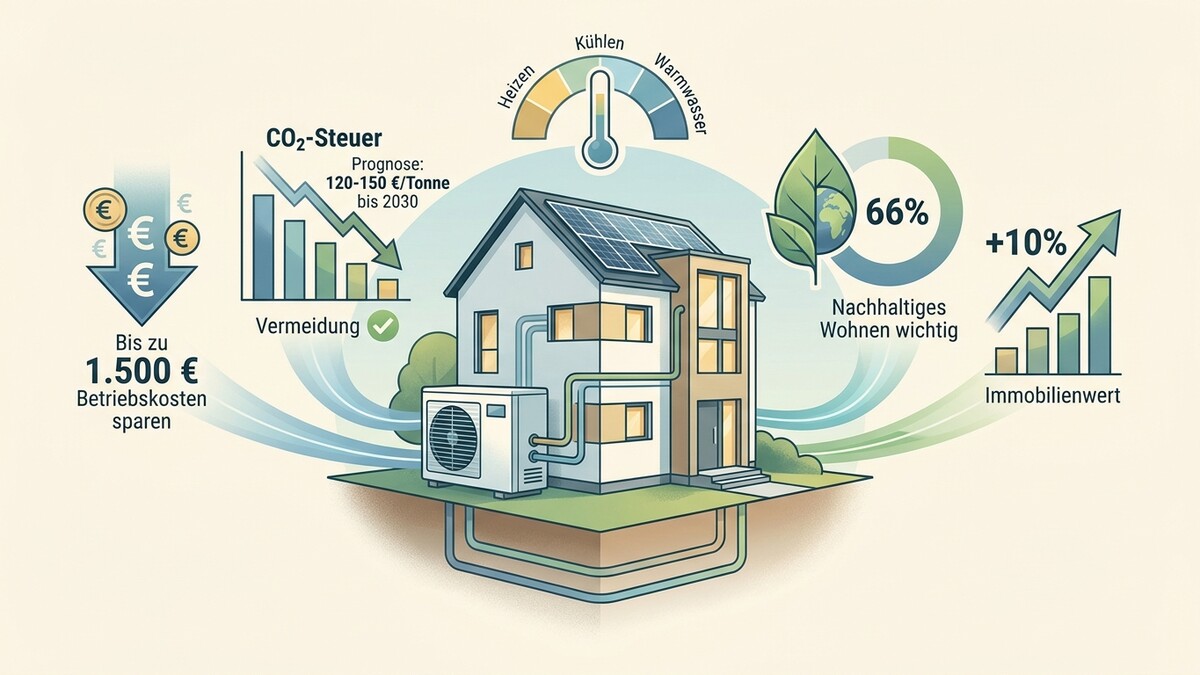 Nachhaltiges Wohnen: Haus mit Wärmepumpe, Solar, CO2-Steuer, Kostenersparnis und Immobilienwert
