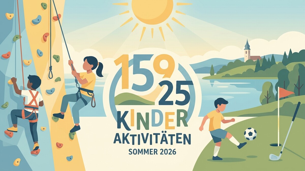 Kinderaktivitäten Sommer 2026: Klettern, Fußball und Golf in idyllischer Seenlandschaft.