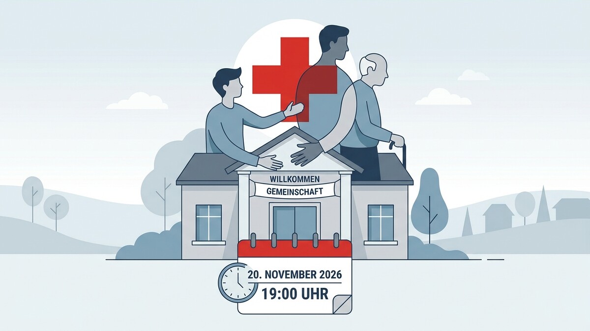 Willkommen Gemeinschaft: Junge, mittlere und ältere Männer vor Haus mit rotem Kreuz, 20. Nov. 2026