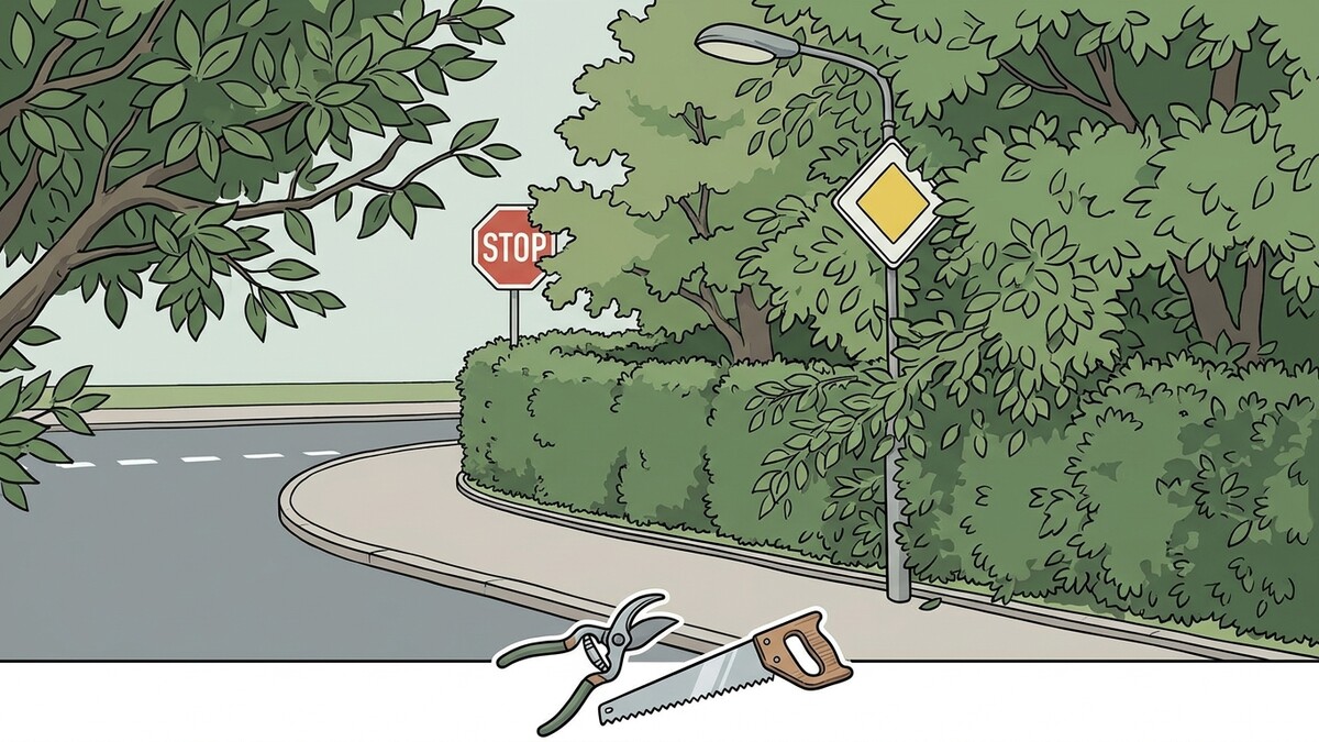 Gartenschere und Säge liegen am Straßenrand neben Büschen und Verkehrsschildern