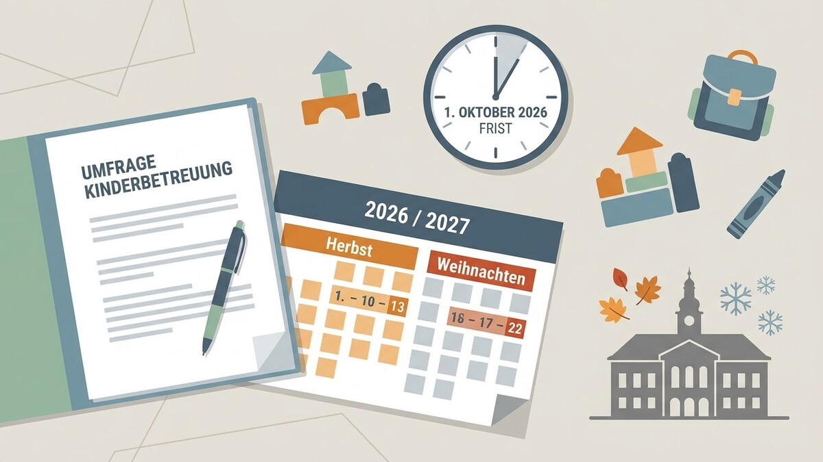 Kinderbetreuungs-Umfrage mit Kalender, Uhr, Schulgebäude und Spielzeug