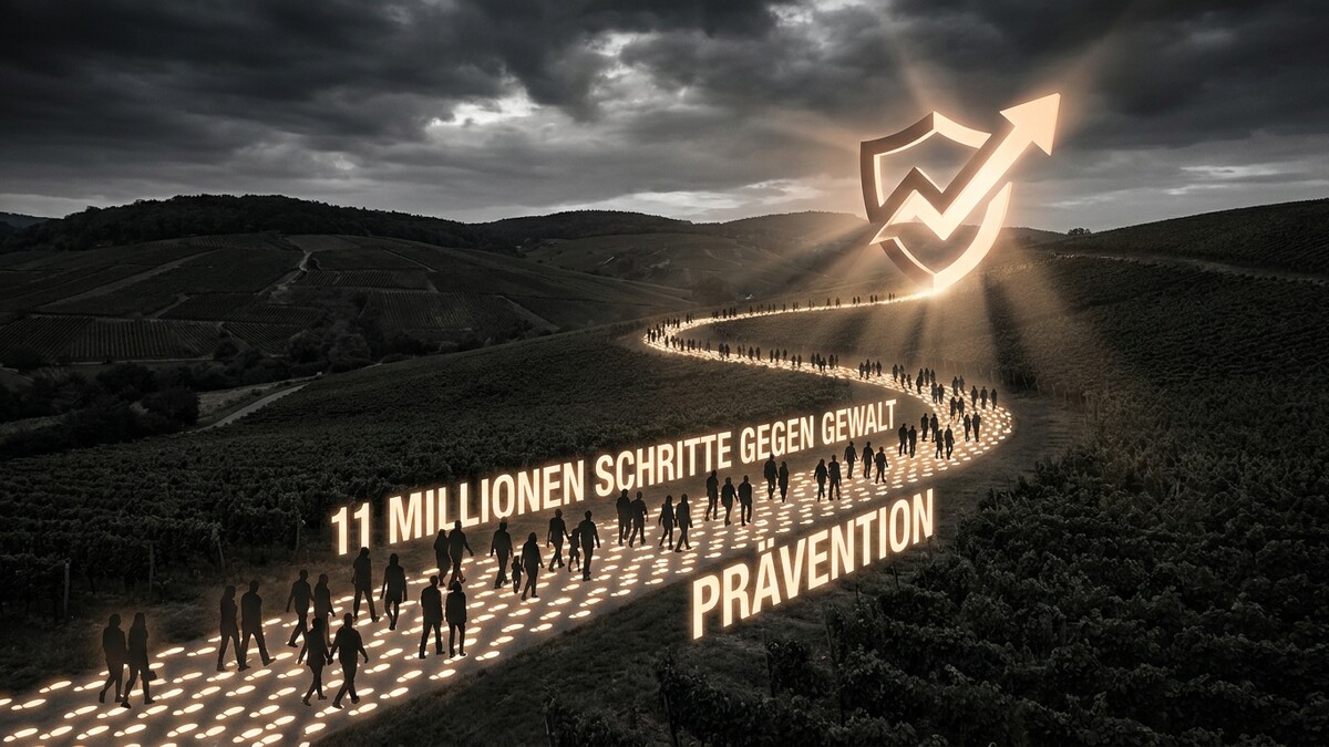 Schritte gegen Gewalt Prävention: Menschen marschieren auf einem Weg mit leuchtenden Fußspuren.