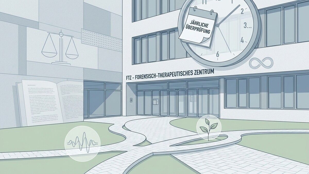 FTZ - Forensisch-Therapeutisches Zentrum mit Waage, Buch und Wellenlinien-Symbolen