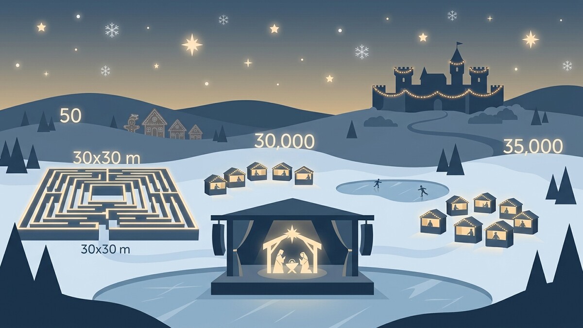 Winterliche Szenerie mit Krippe, Labyrinth, Eislaufplatz und beleuchtetem Schloss