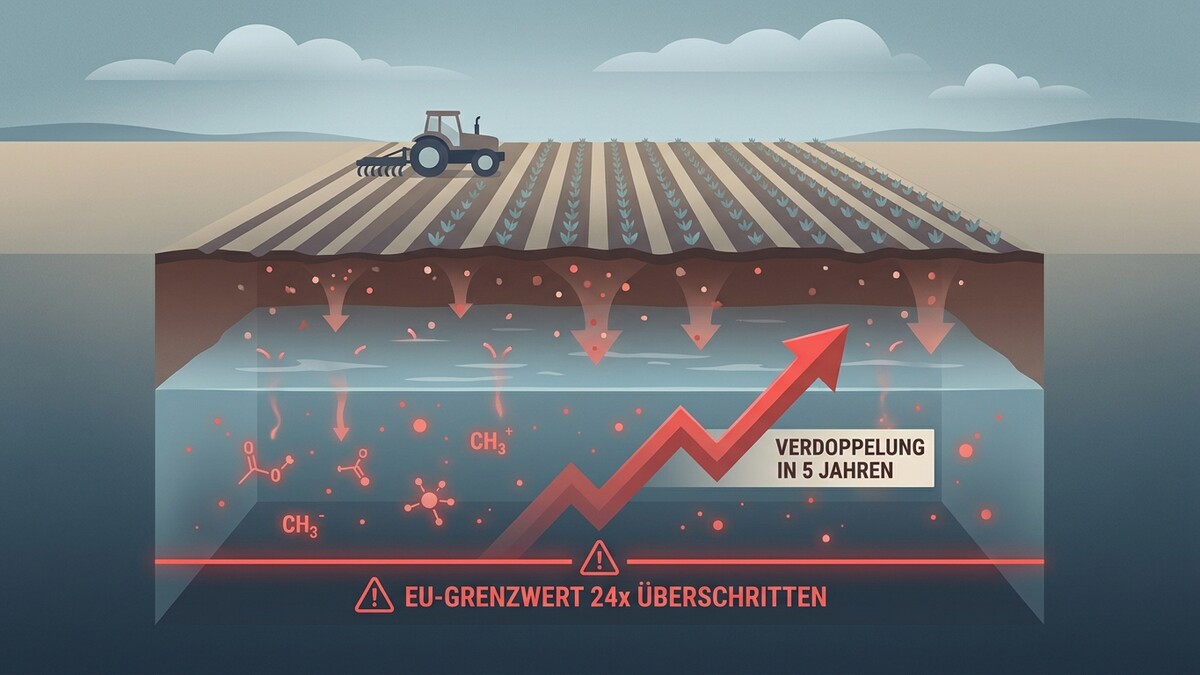 Landwirtschaftlicher Traktor und Bodenprofil mit steigender Schadstoffbelastung und Warnhinweis EU-Grenzwert überschritten.
