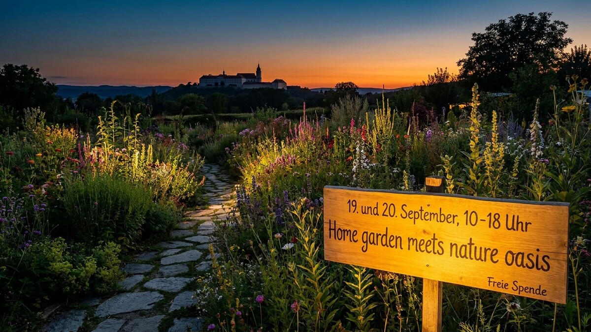 Blumenpracht und Weg im Abendlicht vor Schlossberg mit Kloster, NÖ