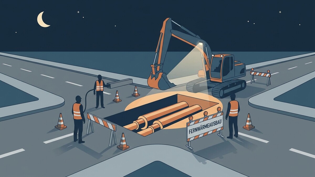 Fernwärmeausbau mit Bagger und Arbeitern auf einer nächtlichen Baustelle mit Rohren im Graben.