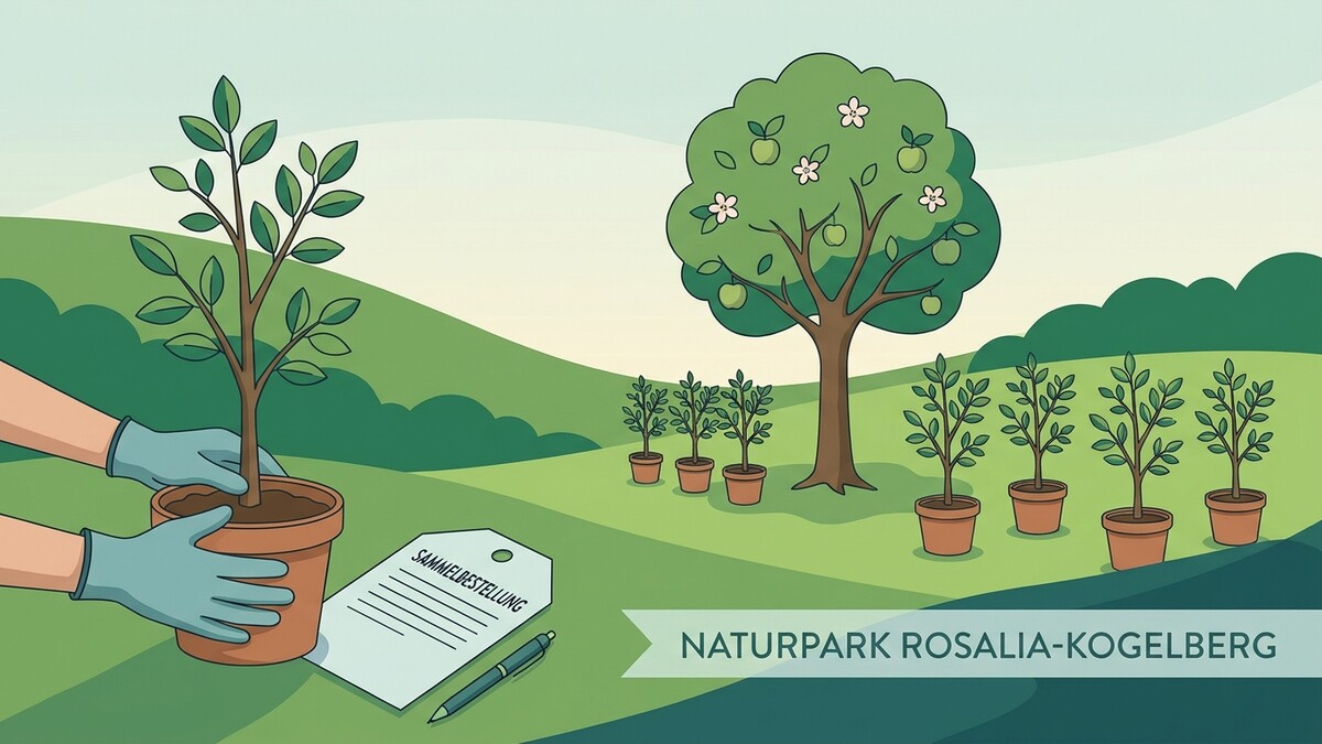Naturpark Rosalia-Kogelberg: Hände mit Handschuhen pflanzen Setzling in Topf neben Sammelbestellung.