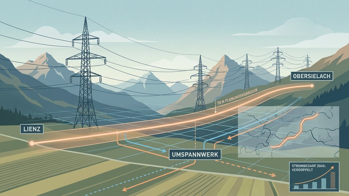 Stromleitung zwischen Lienz und Oberlienz in Osttirol mit Umspannwerk und Planungsvorschlag