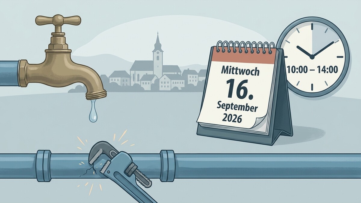 Wasserrohrbruch am 16. September 2026, 10-14 Uhr, mit Dorf im Hintergrund