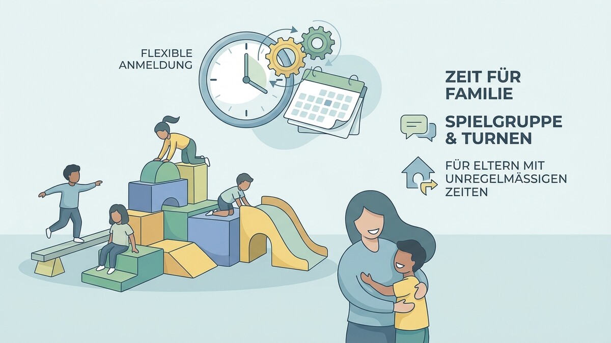Spielgruppe & Turnen: Kinder spielen mit Bausteinen, eine Mutter hält ihr Kind.