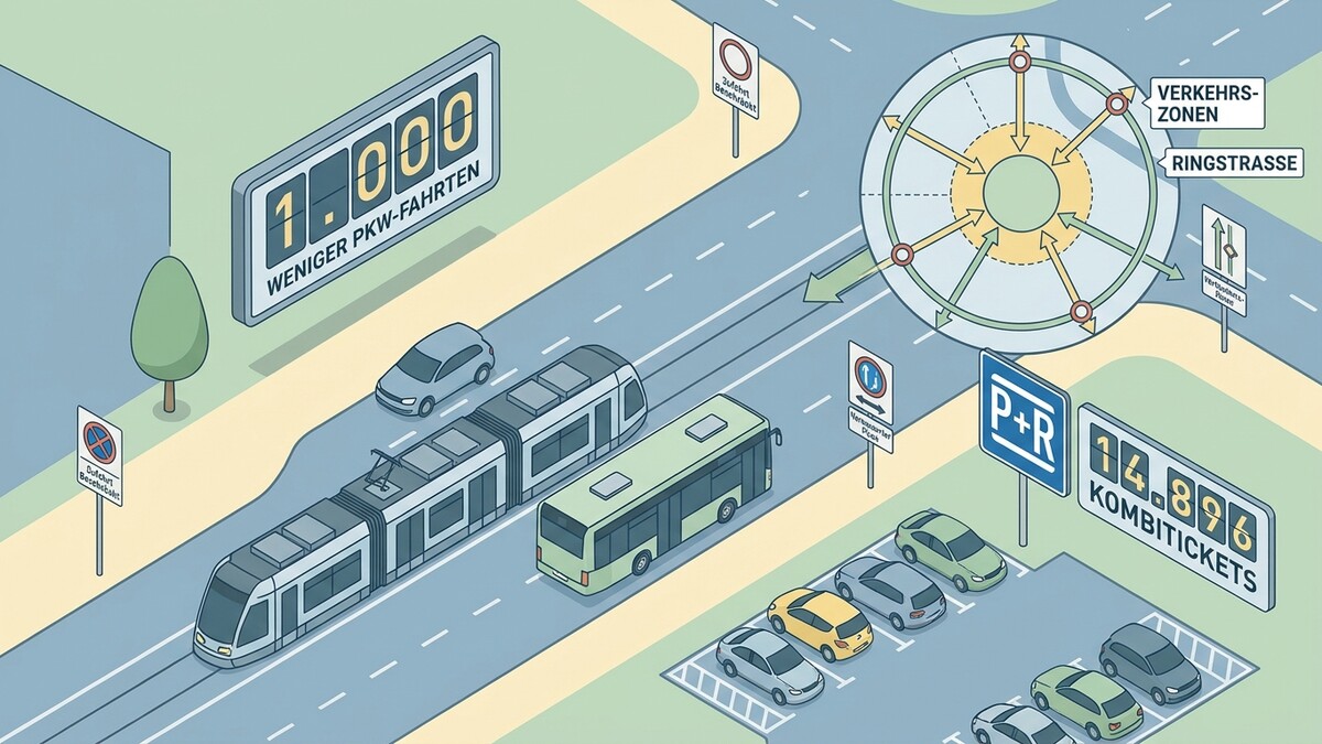 Verkehrs infographic mit Tram, Bus, Autos, Parkplatz und Verkehrszonenplan