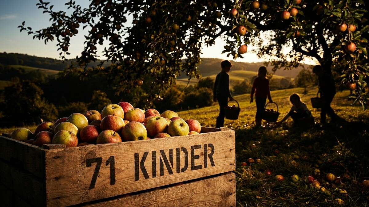 Äpfel in Holzkiste mit Nummer 71 und Kindern beim Ernten im Abendlicht