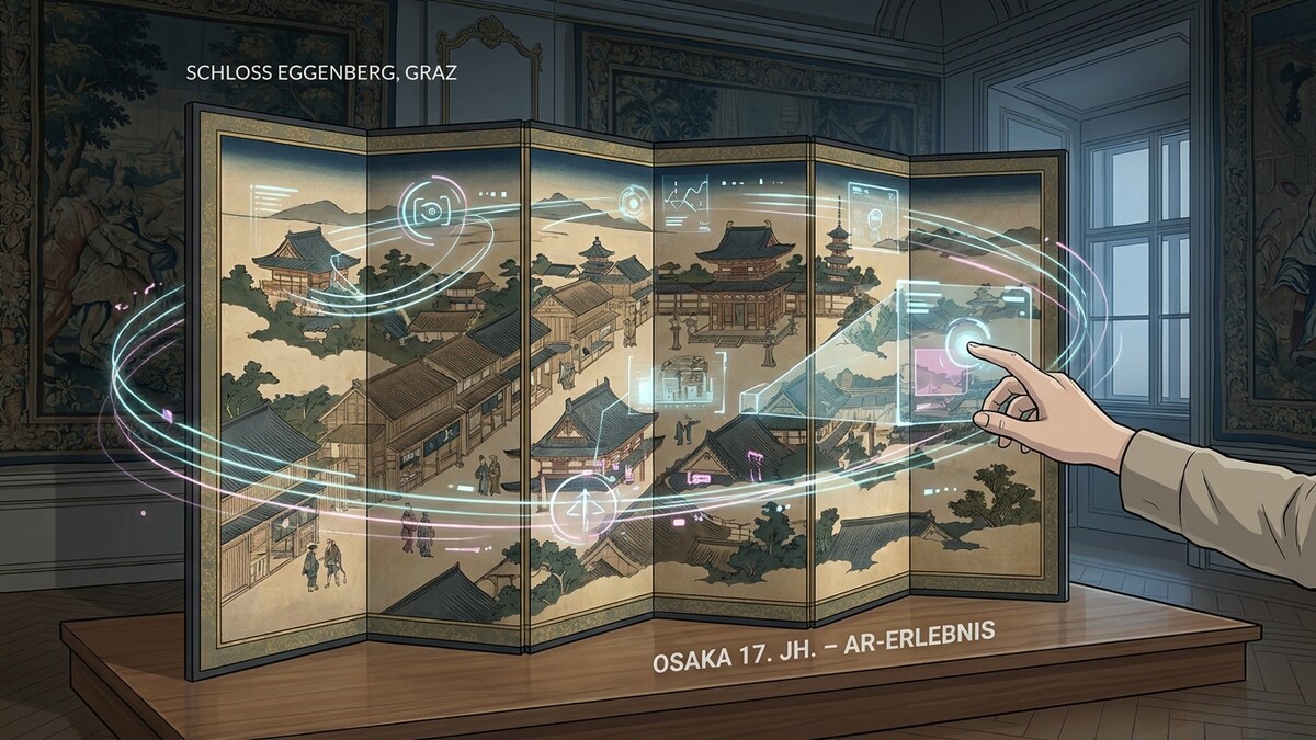 Schloss Eggenberg, Graz: Japanisches Paravent mit AR-Anzeige zur Stadt Osaka im 17. Jh.