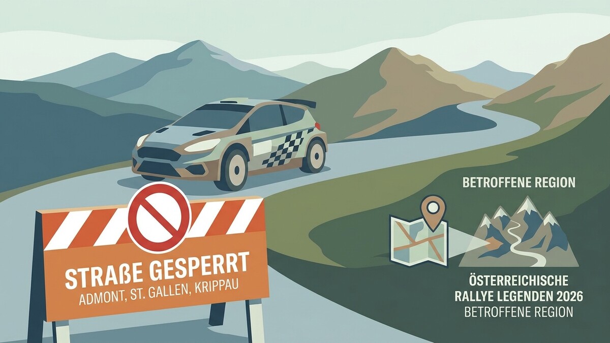 Österreichische Rallye Legenden 2026 betroffene Region mit Straßensperre und Rennauto