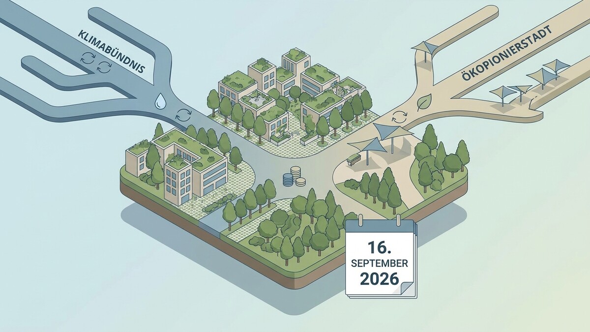Ökopionierstadt und Klimabündnis als stilisierte Stadtansicht mit Kalenderblatt 16. September 2026