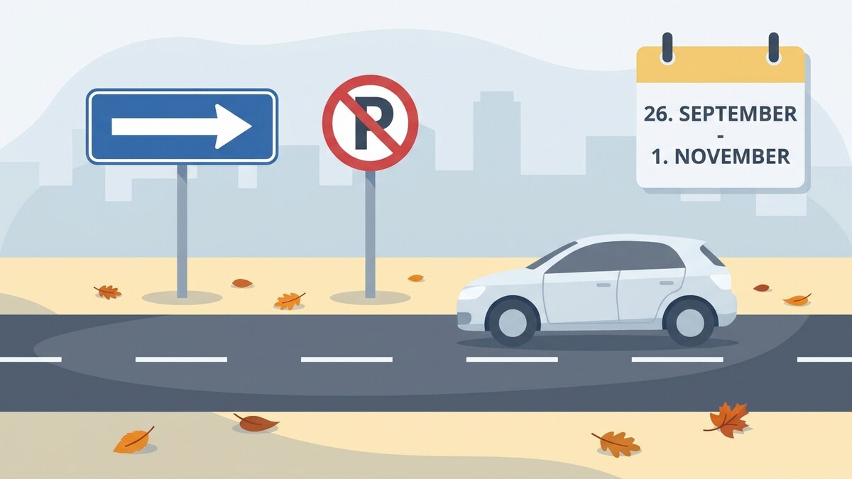 Verkehrsschilder und Kalenderblatt mit Daten: 26. September bis 1. November, weißes Auto, Herbstlaub