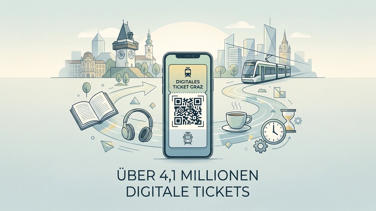 Digitales Ticket Graz: Smartphone mit QR-Code, Straßenbahn, Uhrturm, Buch, Kopfhörer, Kaffee, Sanduhr