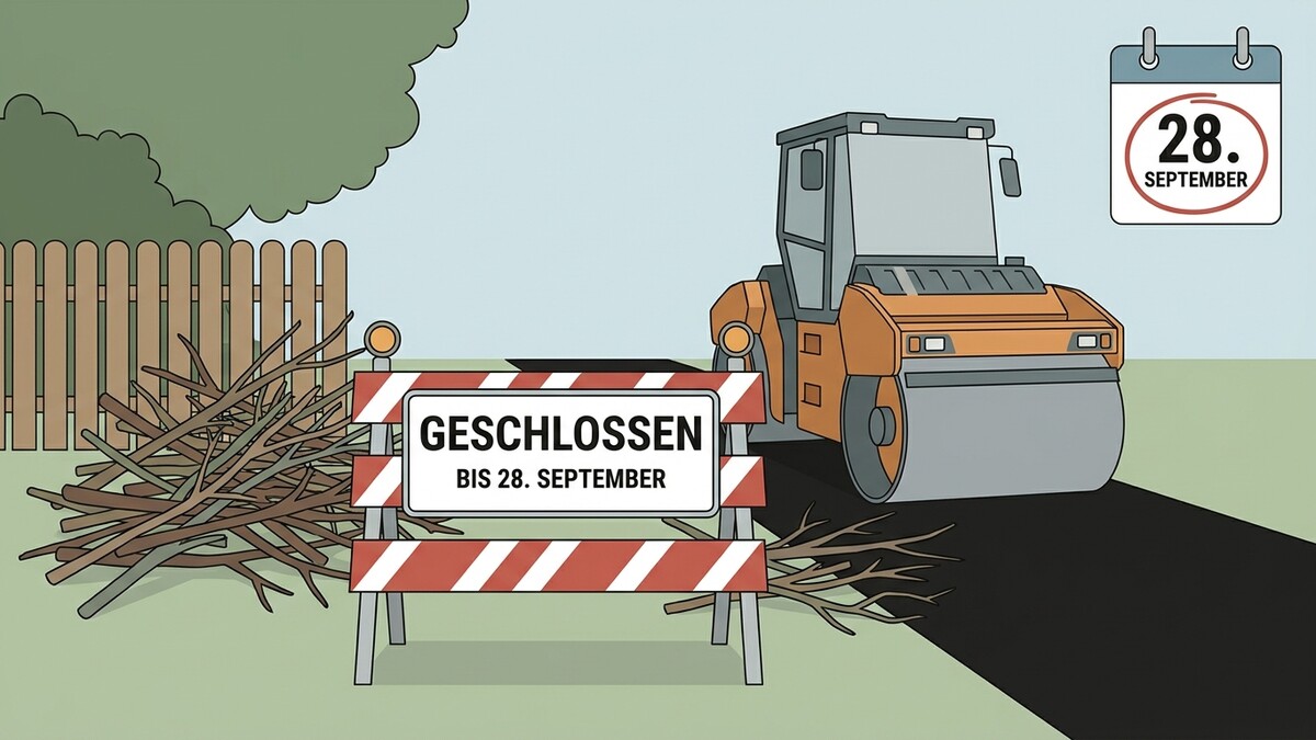 Straßenwalze auf frisch asphaltierter Fahrbahn mit "Geschlossen bis 28. September"-Schild