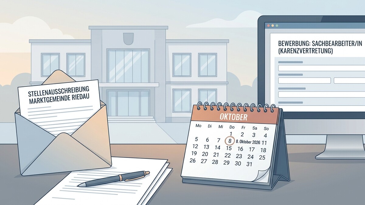 Stellenausschreibung Marktgemeinde Riedau, Kalender mit 8. Oktober 2026, Computer mit Bewerbung
