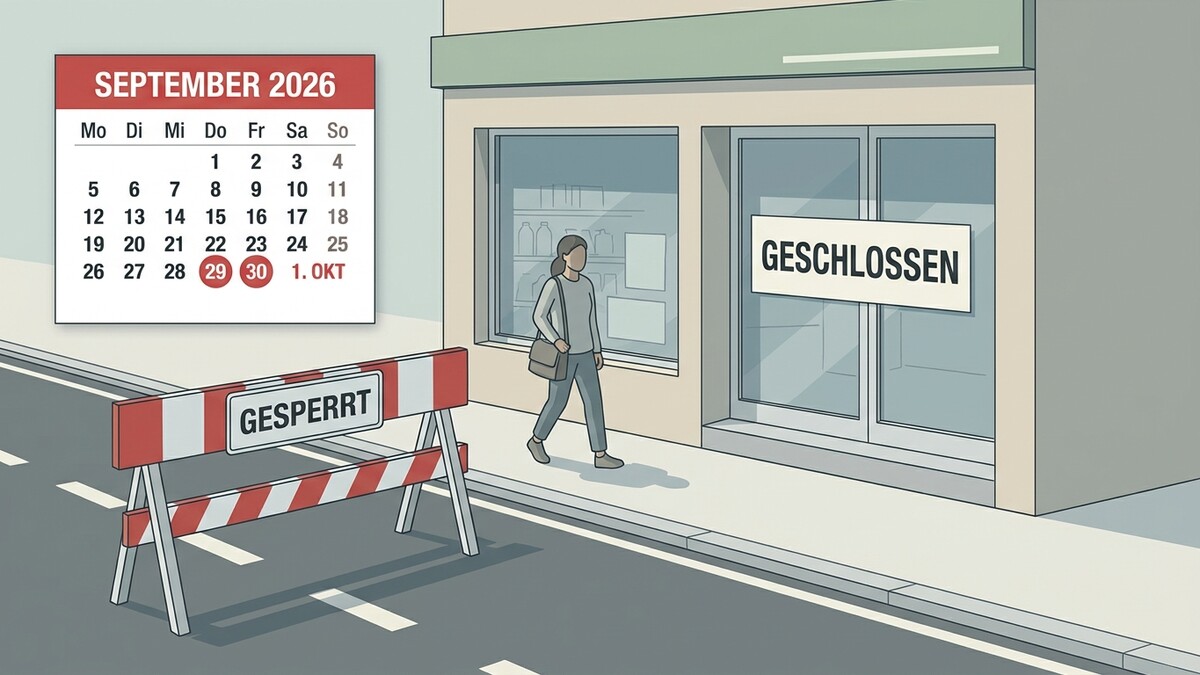 Geschlossenes Geschäft mit Schild, Kalender September 2026 und Absperrung