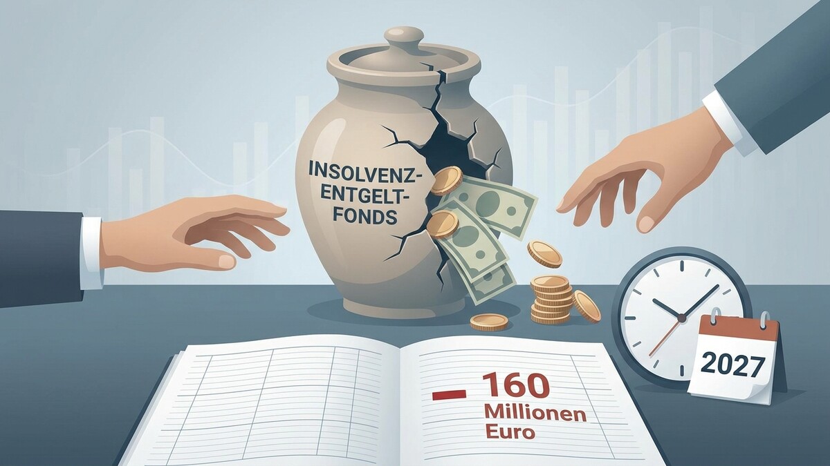 Insolvenzentgeldfonds: Geld fällt aus zerbrochenem Sparschwein, daneben Hände, Uhr und Kalender 2027