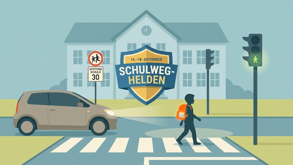 Schulweg-Helden-Kampagne: Kind überquert Straße, Auto bremst, Schule im Hintergrund