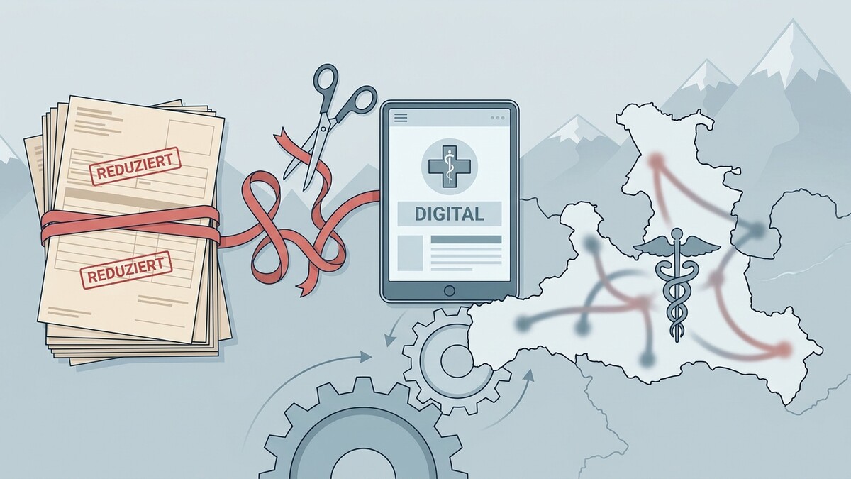 Digitalisierung im Gesundheitswesen: Aktenstapel mit "Reduziert"-Stempel, Schere, Tablet und Bergkulisse