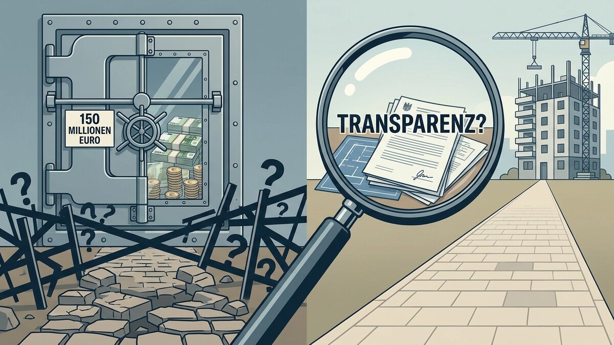 Geldspeicher mit 150 Millionen Euro und Baustelle unter Lupe mit Dokumenten.