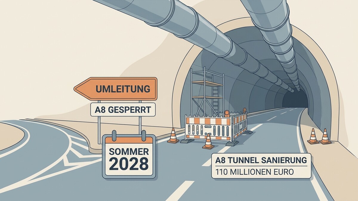 A8 Tunnel Sanierung: Umleitung und Sperre Sommer 2028, Kosten 110 Millionen Euro