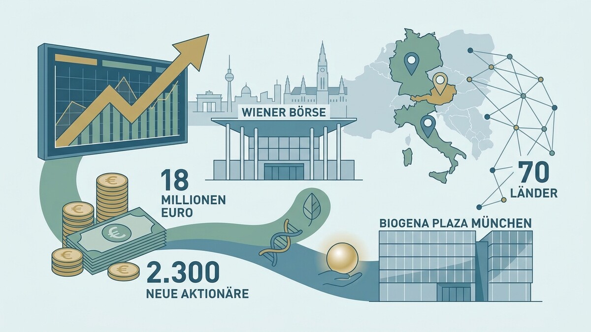 Wiener Börse mit steigendem Chart, 18 Mio. Euro, 2.300 neue Aktionäre, Biogena Plaza München, 70 Länder