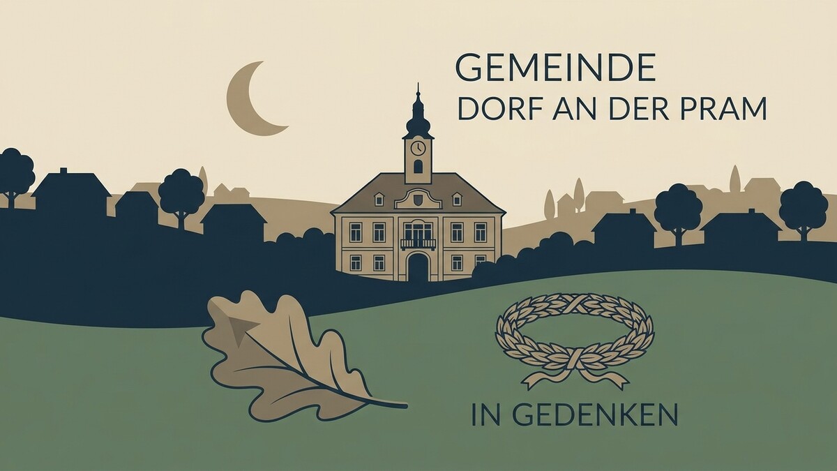 Gemeinde Dorf an der Pram mit Eichenblatt und Kranz, im Hintergrund Silhouetten von Häusern