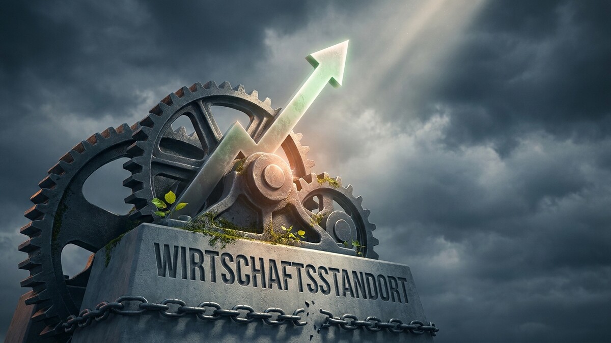 Wirtschaftsstandort mit Zahnrädern und Pfeil nach oben vor dramatischem Himmel