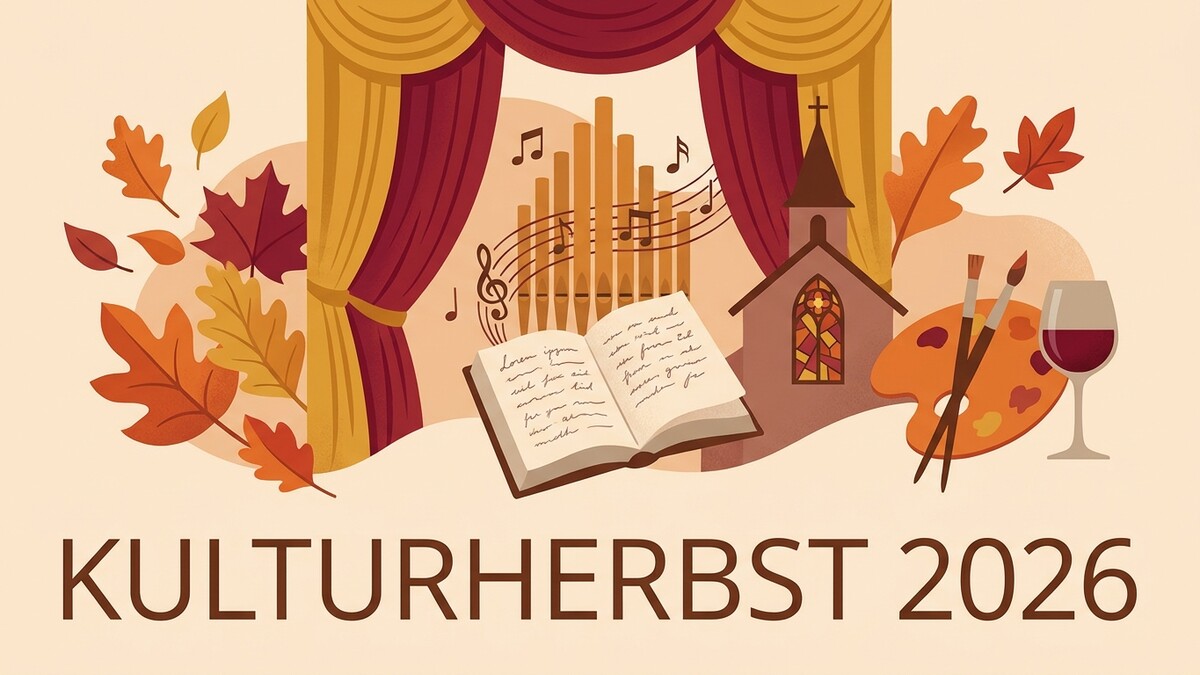 Kulturherbst 2026: Herbstblätter, Orgel, Buch, Kirche, Malpalette, Pinsel und Weinglas