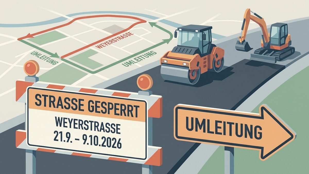 Straßensperre Weyererstraße: Umleitung für Bauarbeiten mit Walze und Bagger, 21.9.-9.10.2026