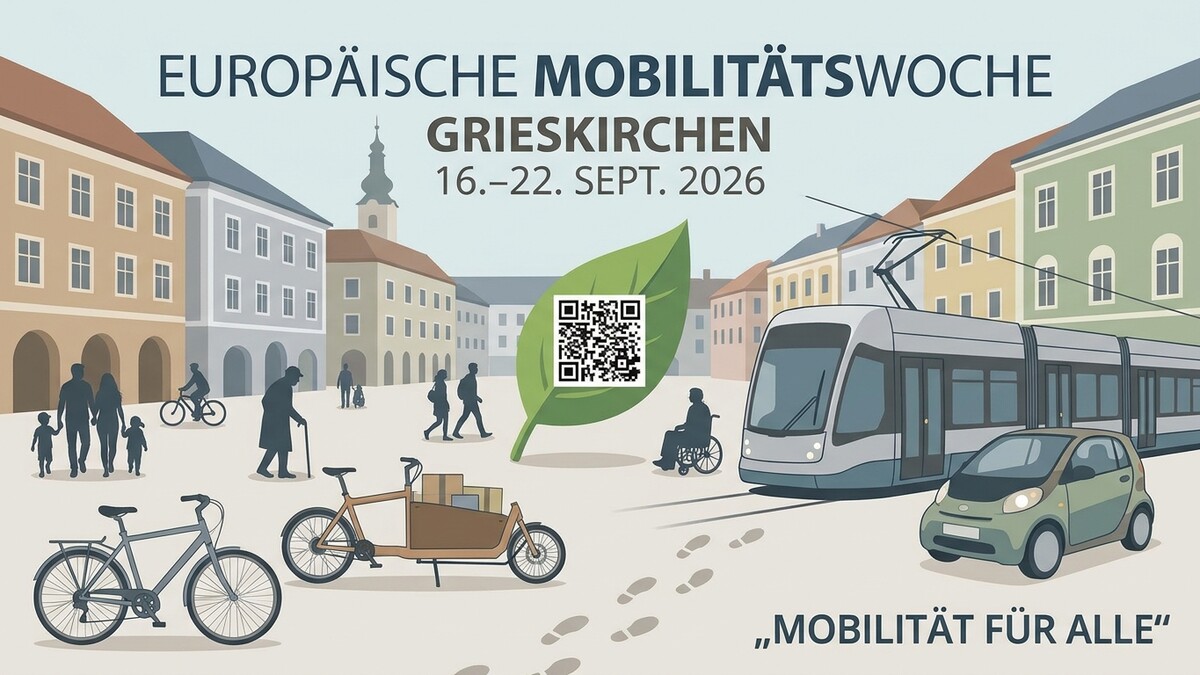 Europäische Mobilitätswoche Grieskirchen mit Tram, Auto, Fahrrädern und Menschen