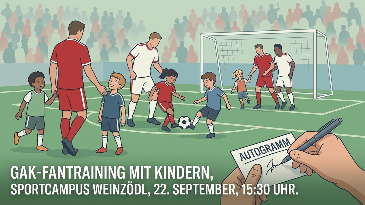 Fußballtraining GAK mit Kindern im Sportcampus Weinzödl, eine Hand unterschreibt Autogramm.