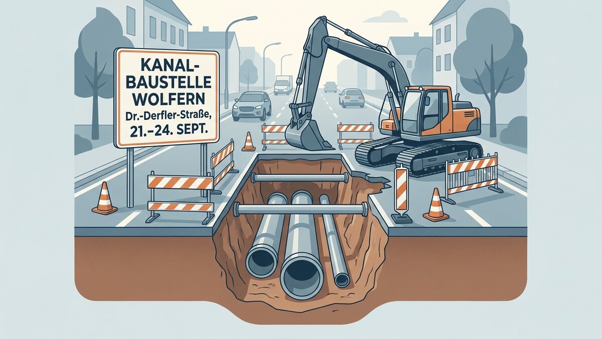 Kanalbaustelle Wolfern Dr.-Derfler-Straße mit Bagger und Rohren, 21.–24. Sept.