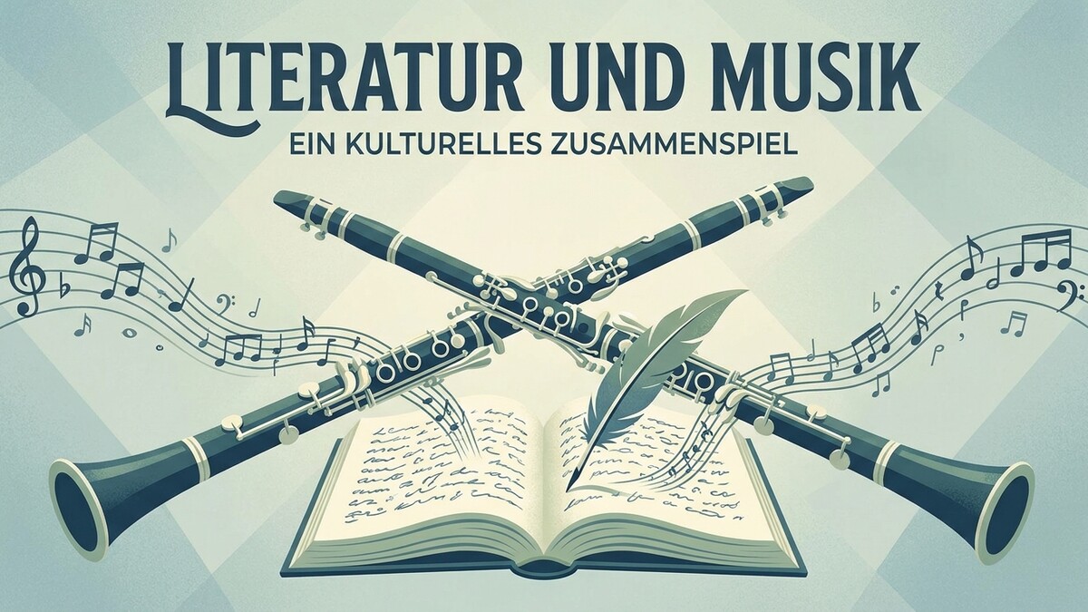 Klarinetten und Noten über offenem Buch mit Feder, Literatur und Musik.