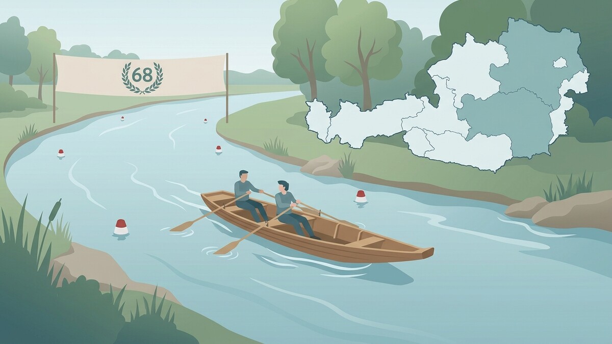Zwei Ruderer in einem Boot auf einem Fluss mit einem Banner und einer Karte von Österreich.