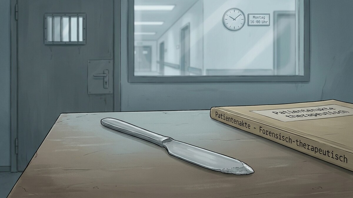 Forensisch-therapeutische Patientenakte und Messer auf Tisch vor Gefängniszelle und Klinikflur