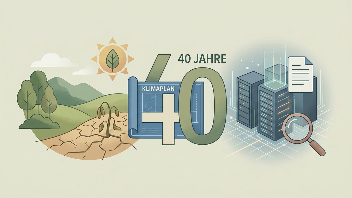Klimaplan 40 Jahre: trockene Erde, grüne Hügel, Server und Lupe