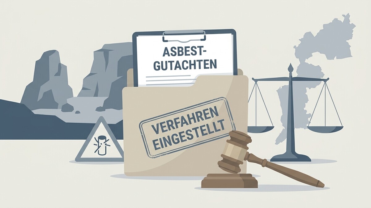 Asbest-Gutachten mit Stempel "Verfahren eingestellt", Waage und Hammer vor Bergkulisse