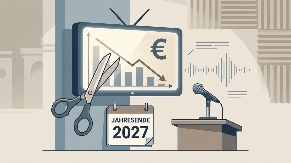 Jahresende 2027 Kalender mit Schere und fallendem Euro-Chart auf Bildschirm