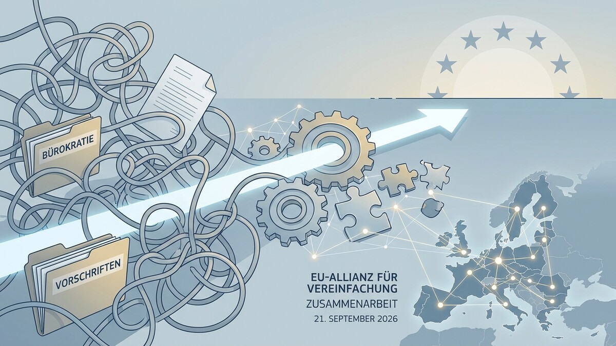 EU-Allianz für Vereinfachung: Bürokratie und Vorschriften werden durch Zahnräder und Puzzleteile zu einem Pfeil, der über Europa führt.